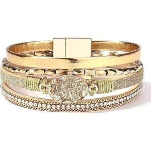Joycuff Gold Multi-Layer Wrap Rhinestone & Leather Bracelet